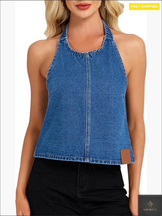 Jackets & Blazers - Halter Denim Vest Sleeveless Open Back Y2K Western Waistcoat Crop Jean Top Party